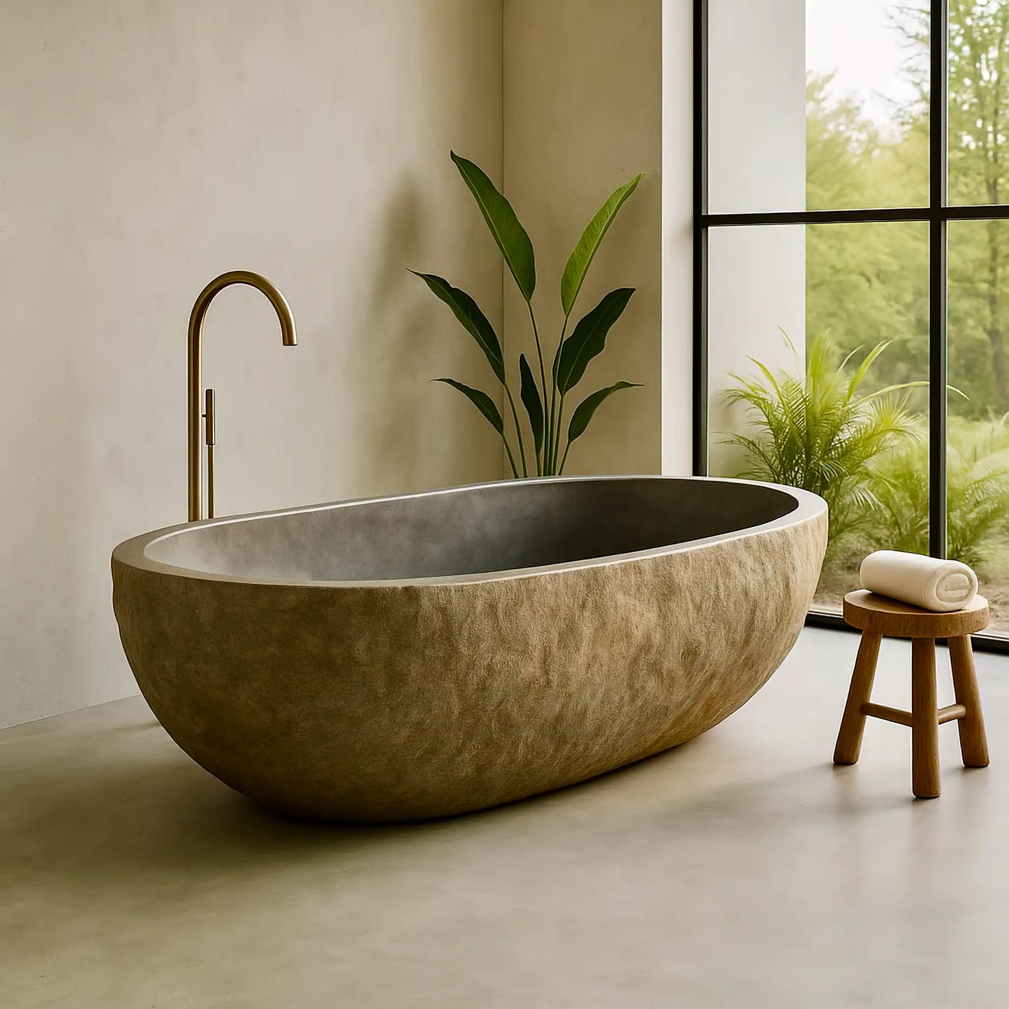 Baignoire en pierre naturelle, sculptée dans un galet. Intérieur gris brillant, extérieur brut. Apporte du caractère à votre salle de bain moderne et zen.