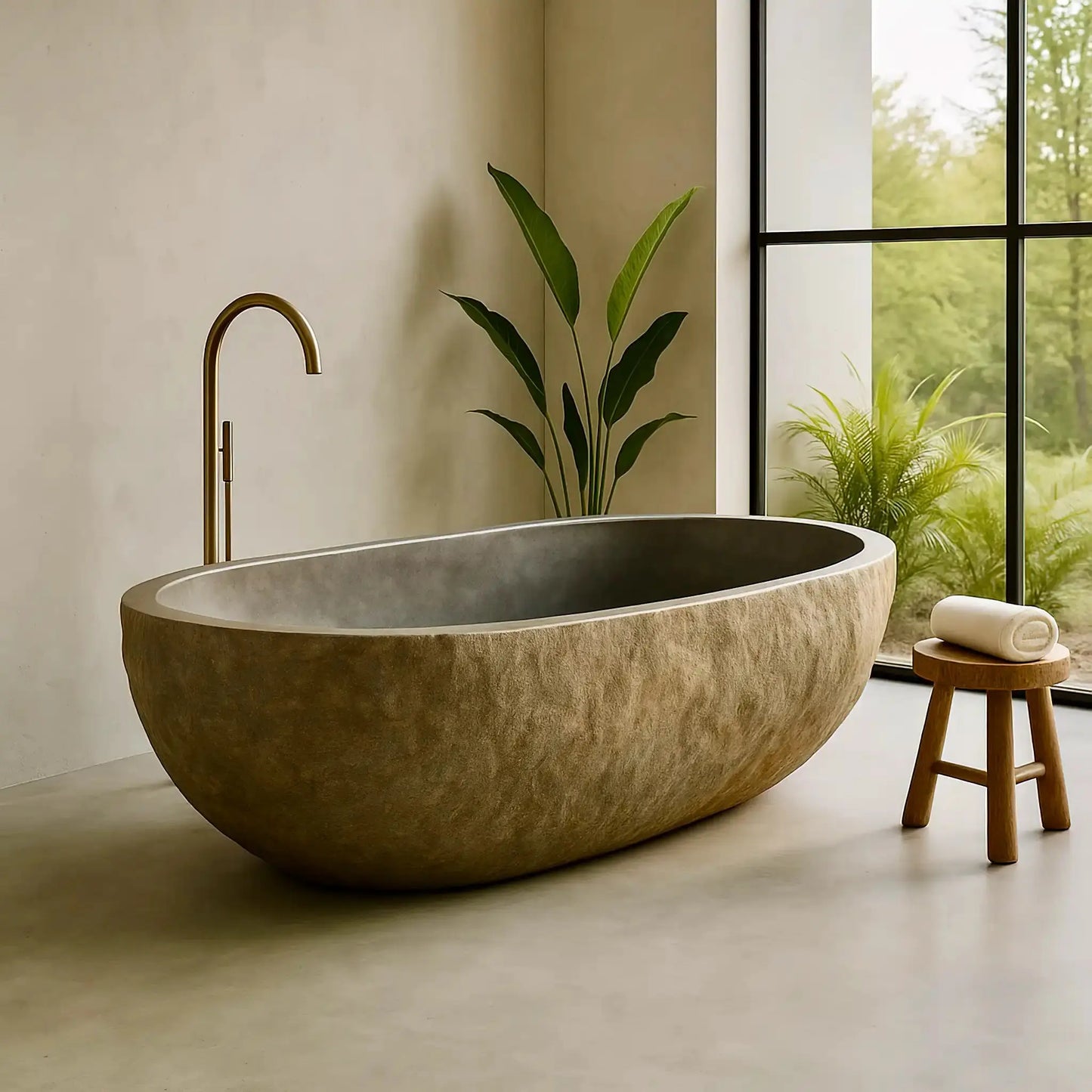 Baignoire en pierre naturelle, sculptée dans un galet. Intérieur gris brillant, extérieur brut. Apporte du caractère à votre salle de bain moderne et zen.