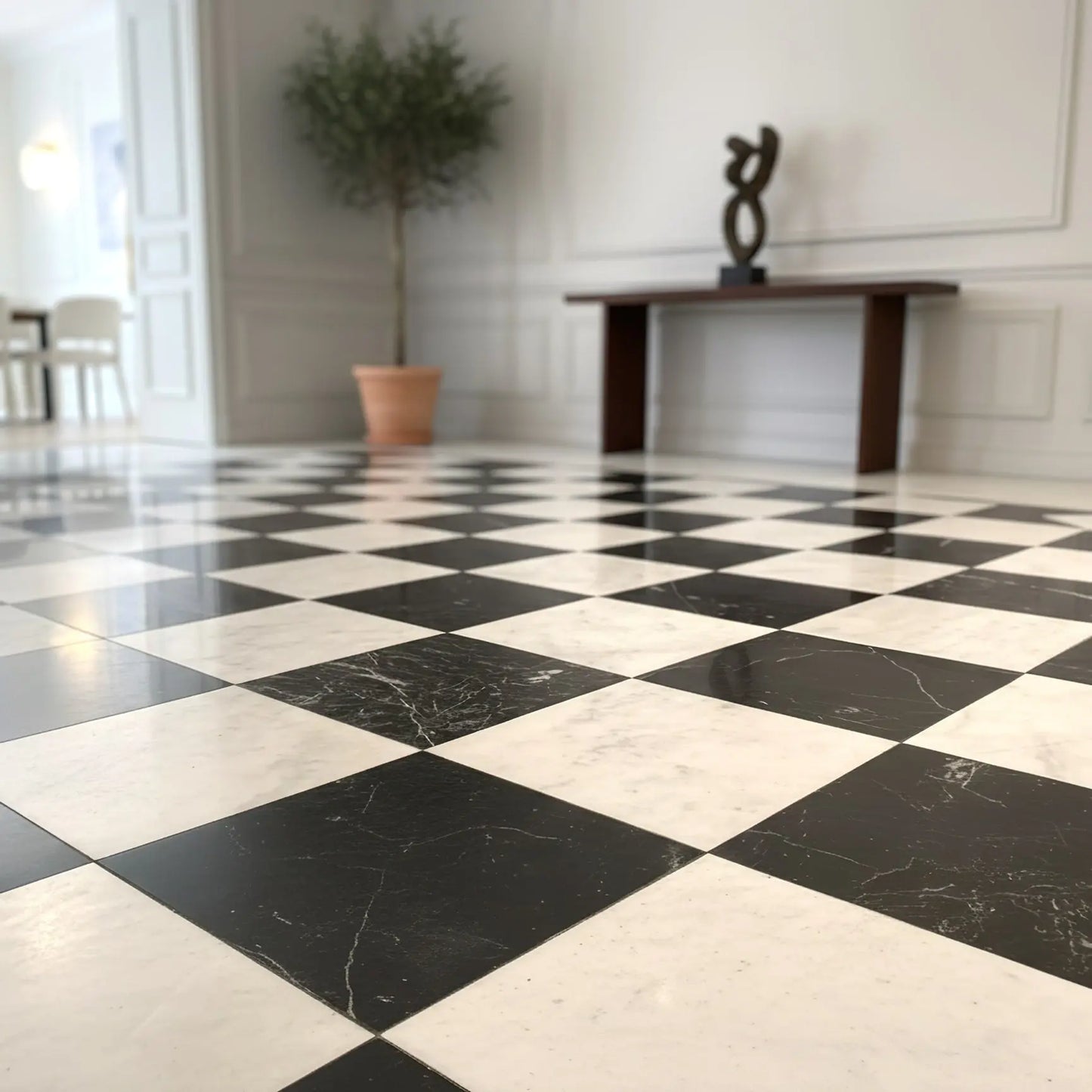 Schachbrettmuster aus Carrara-Marmor und Black Marquina