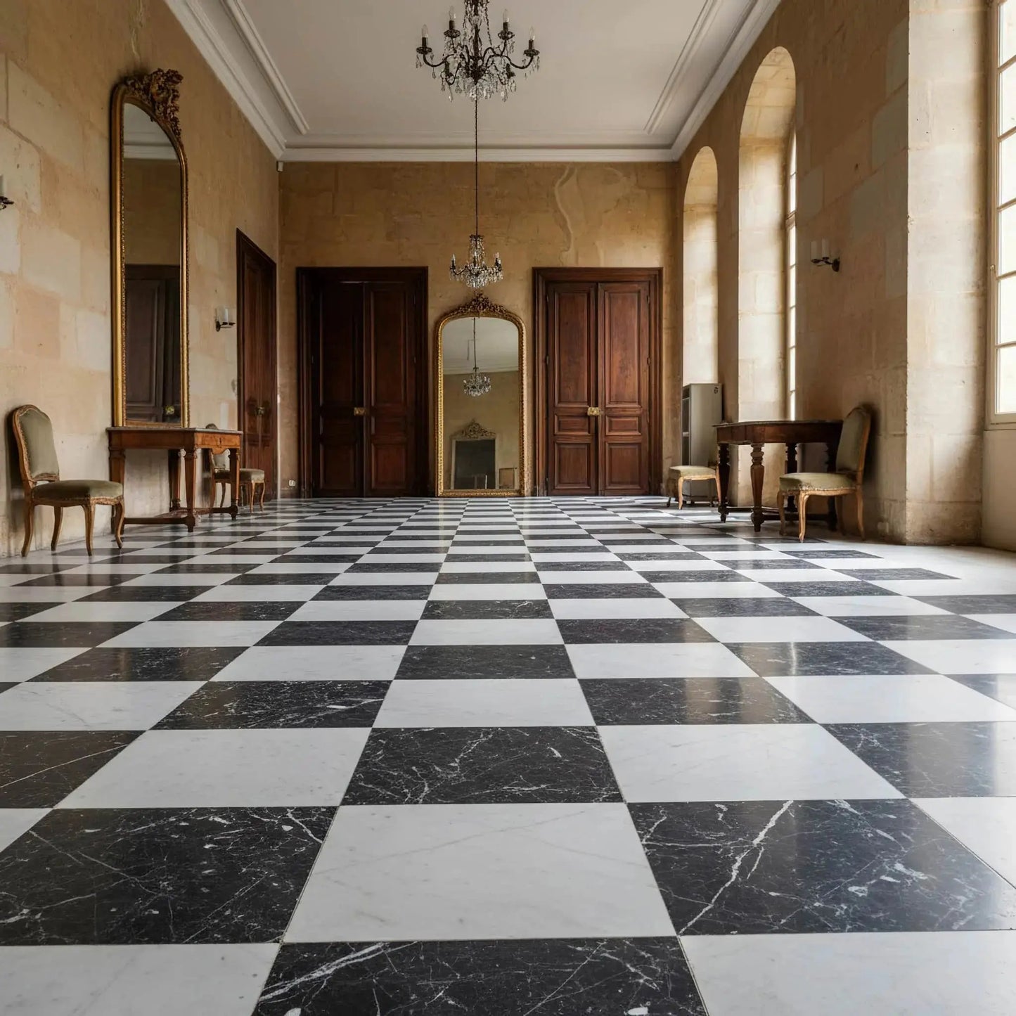 Bodenbelag im Schachbrettmuster CARRARA MARMOR & BLACK MARQUINA