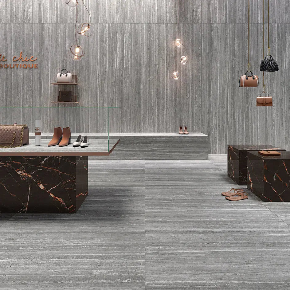 Grès cérame effet TRAVERTIN DARK - Minéral Pierre Naturelle