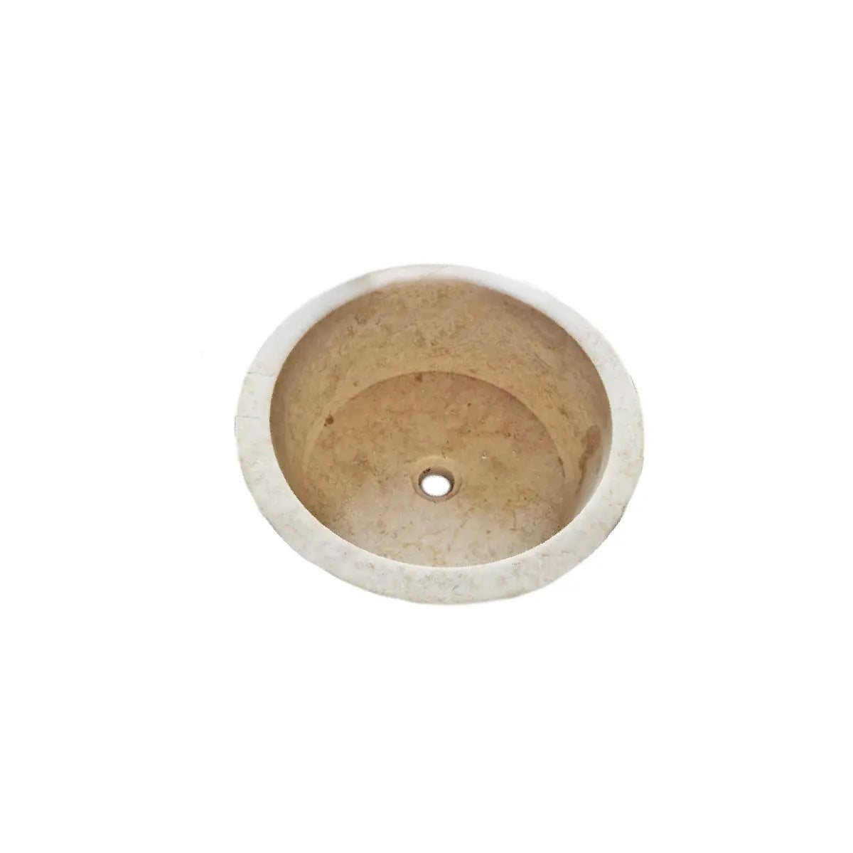 Vasque sur pied en marbre beige naturel, finition adoucie et pied brut. Percement évacuation. Pièce unique, design conique sobre et stable.