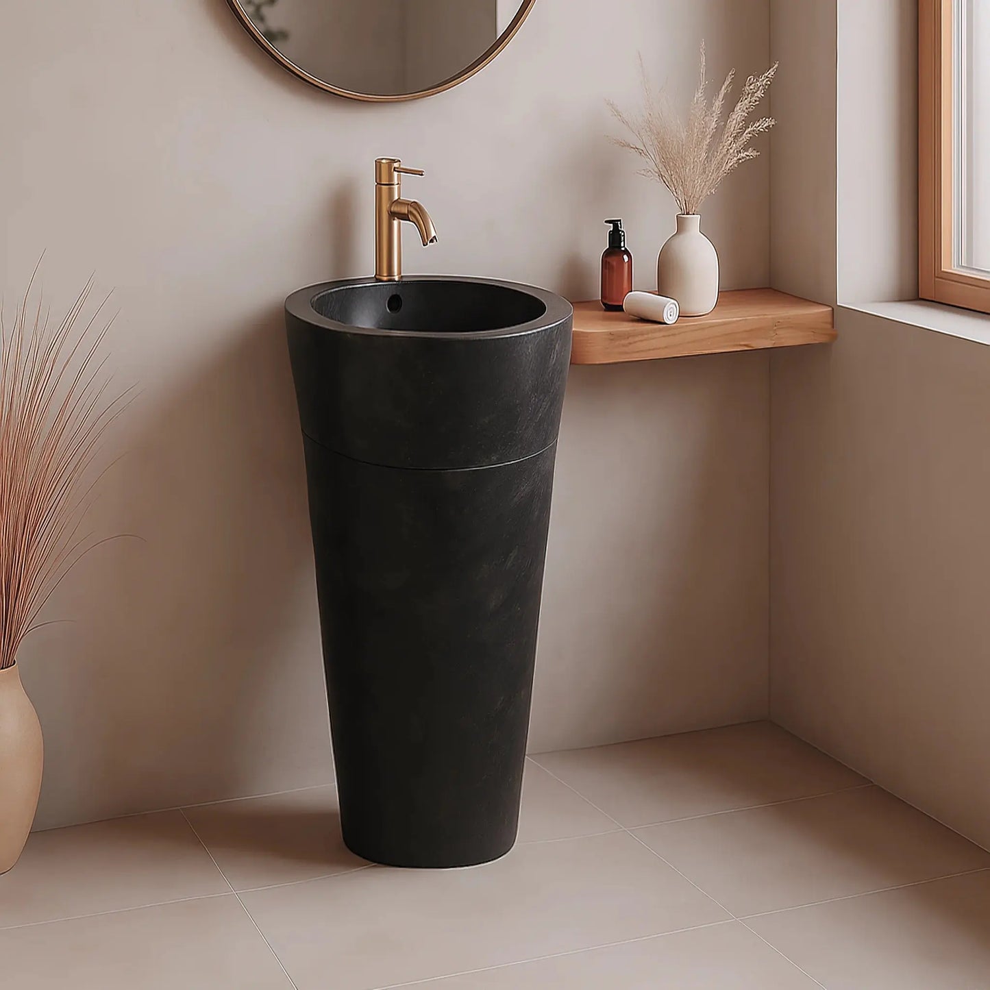 Vasque sur pied en marbre noir, finition adoucie, percements pour robinet et évacuation. Unique, authentique, adaptée aux salles de bain modernes et classiques.