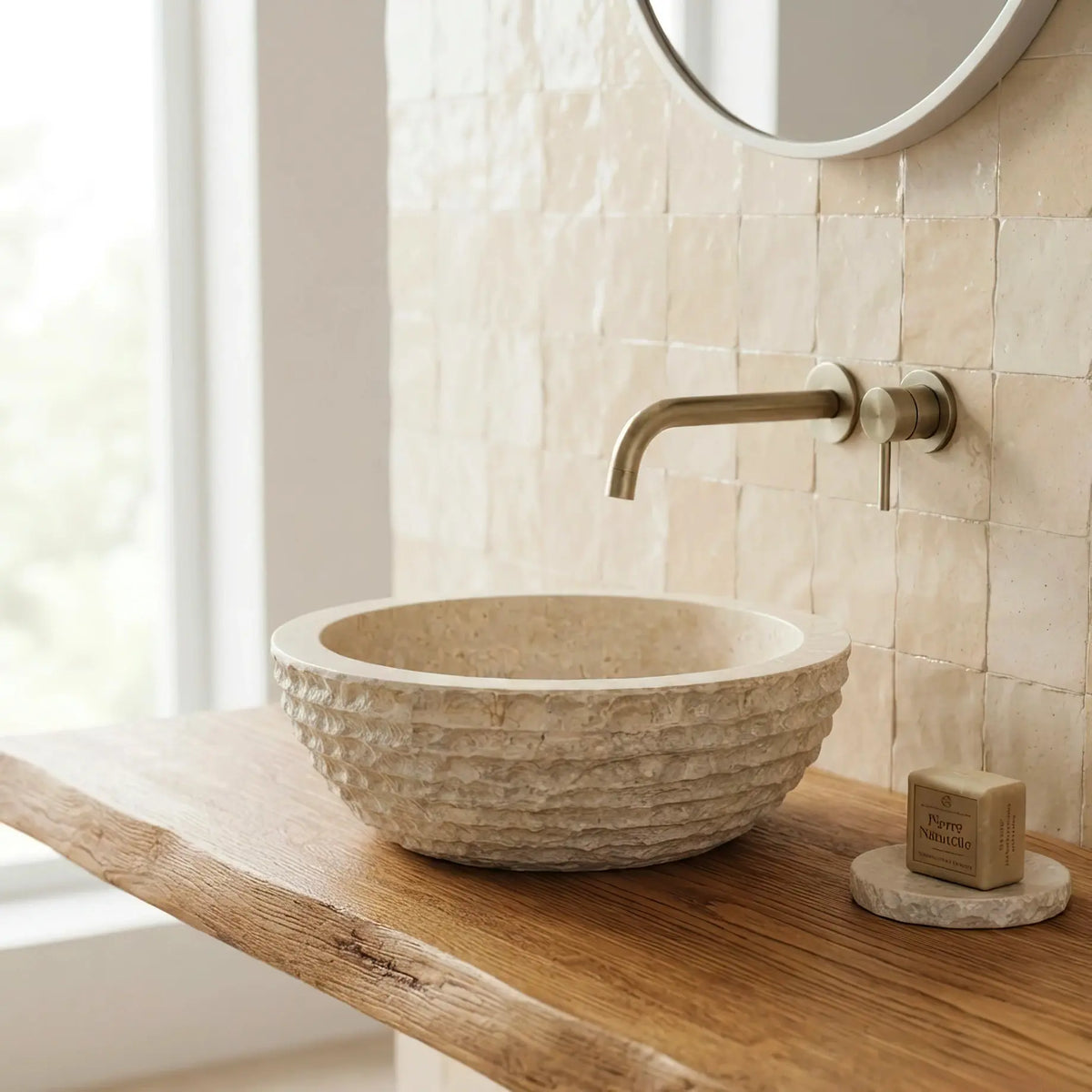 Vasque ronde en MARBRE BEIGE Minéral pierre naturelle