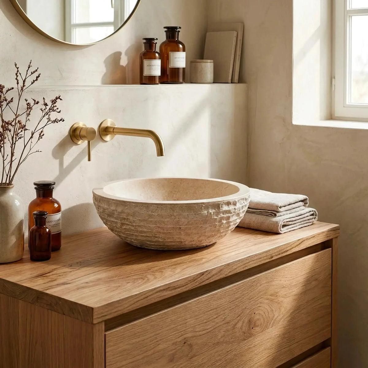 Vasque ronde en MARBRE BEIGE Minéral pierre naturelle
