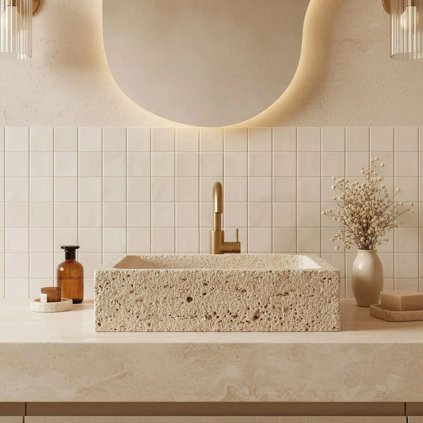 Rundes Waschbecken aus BEIGEM MARMOR