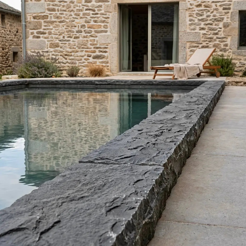 Margelle massive en BASALTE SUPER BLACK broché Minéral pierre naturelle