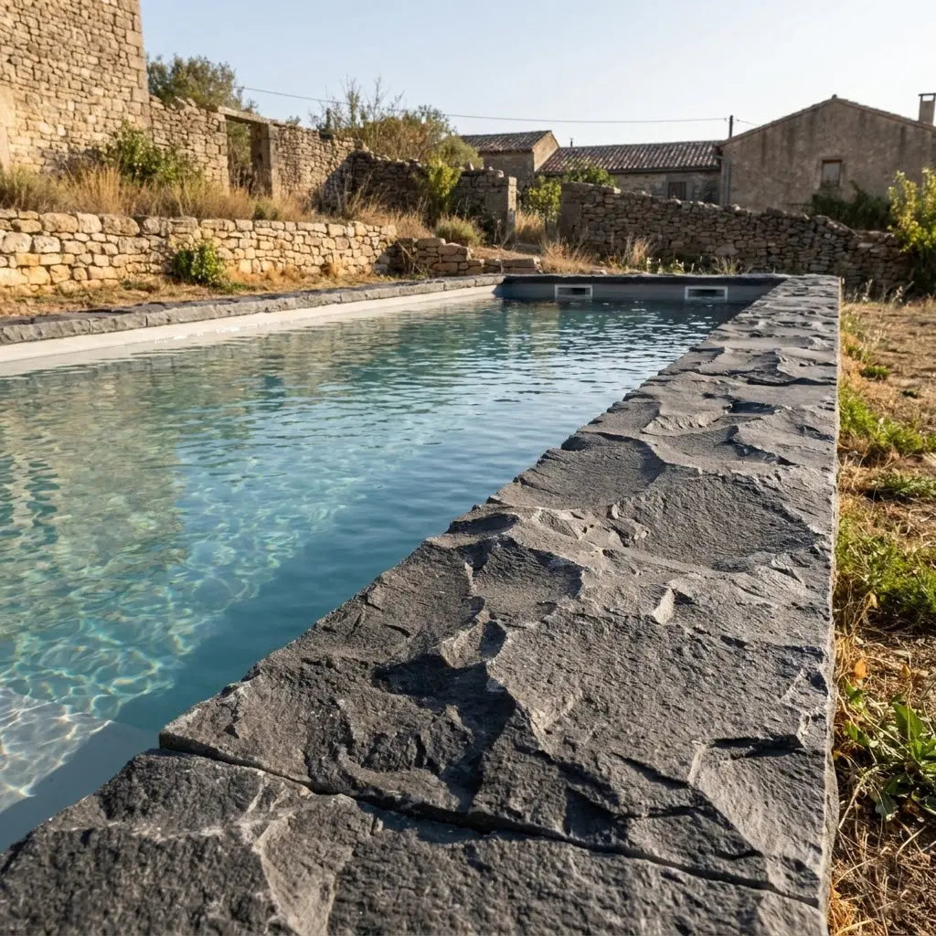 Margelle massive en BASALTE SUPER BLACK broché Minéral pierre naturelle