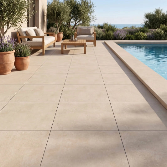 Carrelage extérieur effet béton LIMESTONE IVORY - 60 x 60 x 2 cm Minéral pierre naturelle