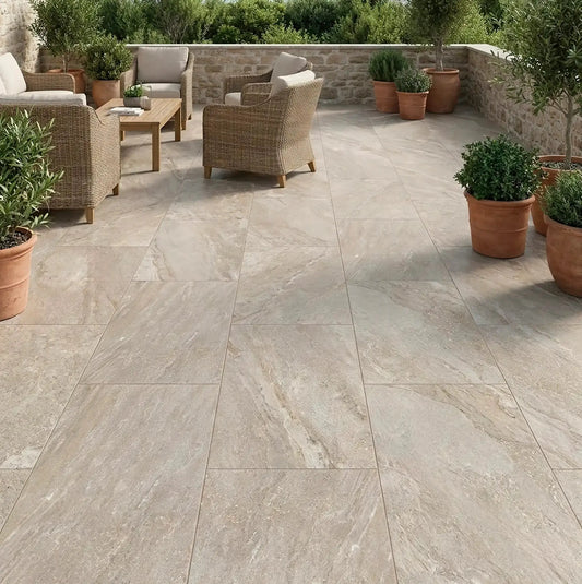 Carrelage extérieur effet pierre TAZA BEIGE - 90 x 60 x 2 cm Minéral pierre naturelle
