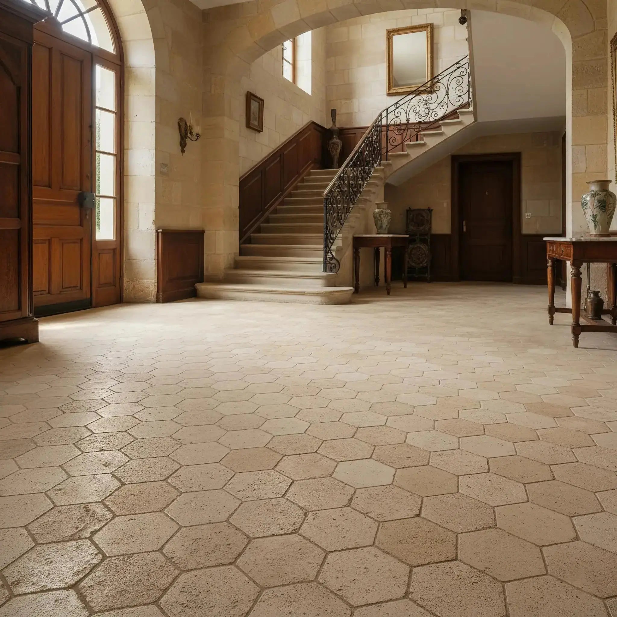 Hexagonale Tomette aus Kalkstein – Minéral Naturstein