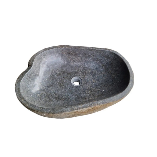 Waschbecken aus natürlichem Kieselstein mit Innenfläche aus glänzendem grauem Marmor. Einzelstück, hochwertige Verarbeitung, Maße 52–60 cm, Ablauf inklusive.