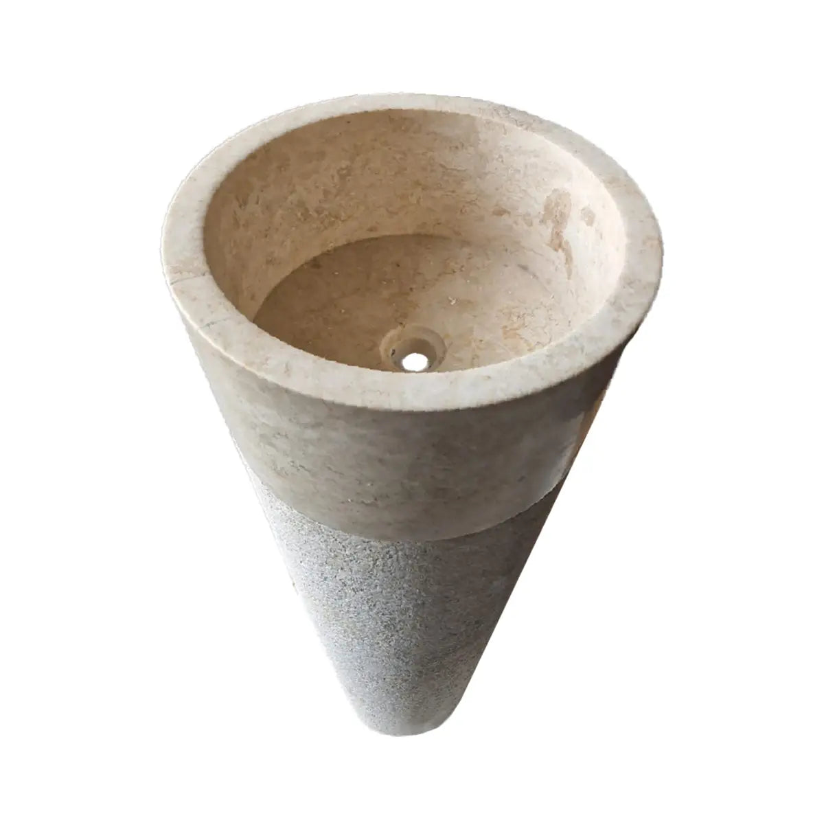 Vasque sur pied en marbre beige naturel, finition adoucie et pied brut. Percement évacuation. Pièce unique, design conique sobre et stable.