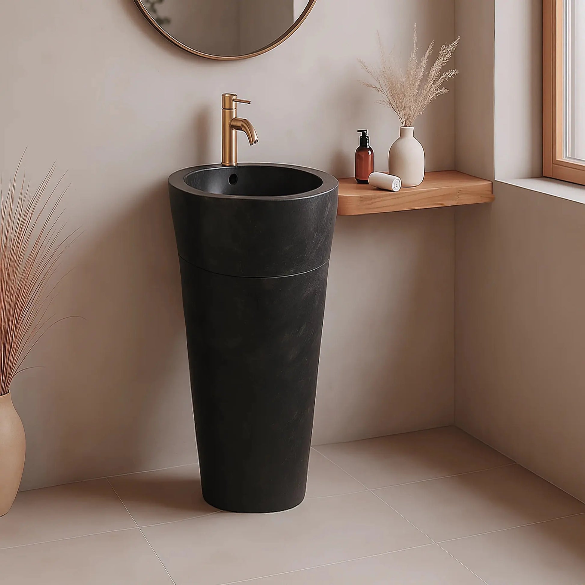Vasque sur pied en marbre noir, finition adoucie, percements pour robinet et évacuation. Unique, authentique, adaptée aux salles de bain modernes et classiques.