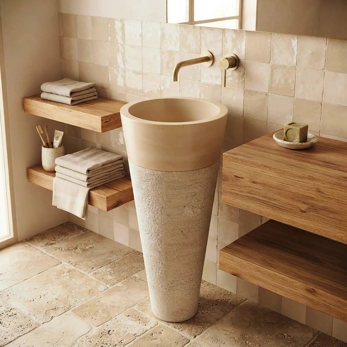 Vasque sur pied en MARBRE BEIGE Minéral pierre naturelle
